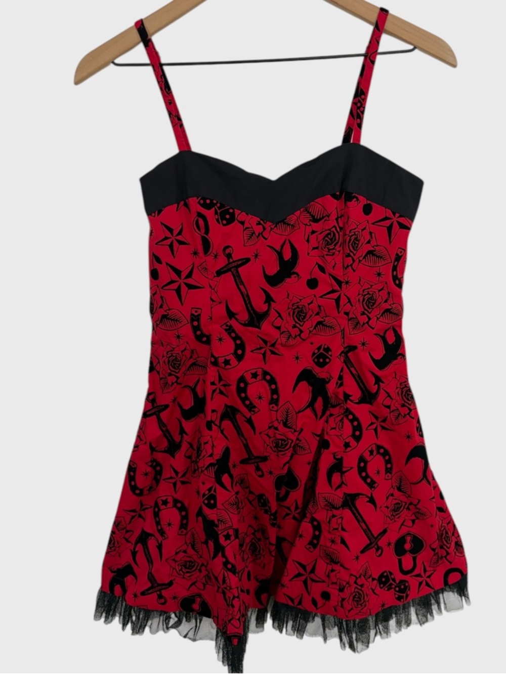 Hell Bunny Red and Black Tattoo Print Velvet Tulle Mini Dress Size Small